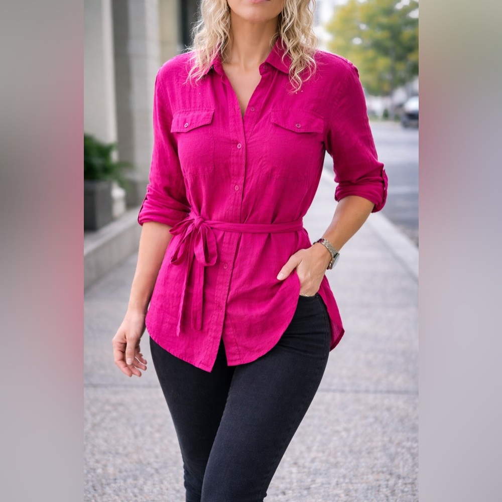Ralph Lauren Linen Button-Down Belted Shirt | Fuchsia Pink | Size Medium